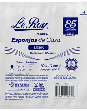 Le Roy Medical Esponja de Gasa Estéril Tejido iii 10 x 10 cm  10 pz