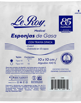Le Roy Medical Esponja de Gasa Estéril Tejido iii c/trama Opaca 10 x 10 cm  5 pz