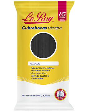 Le Roy Cubrebocas Tricapa Plisado Negro con 5 piezas